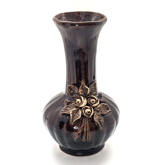 Studio Art Pottery VASE Floral Applied Rose Bouquet Brown Glaze Signed 7" - Picture 1 of 8